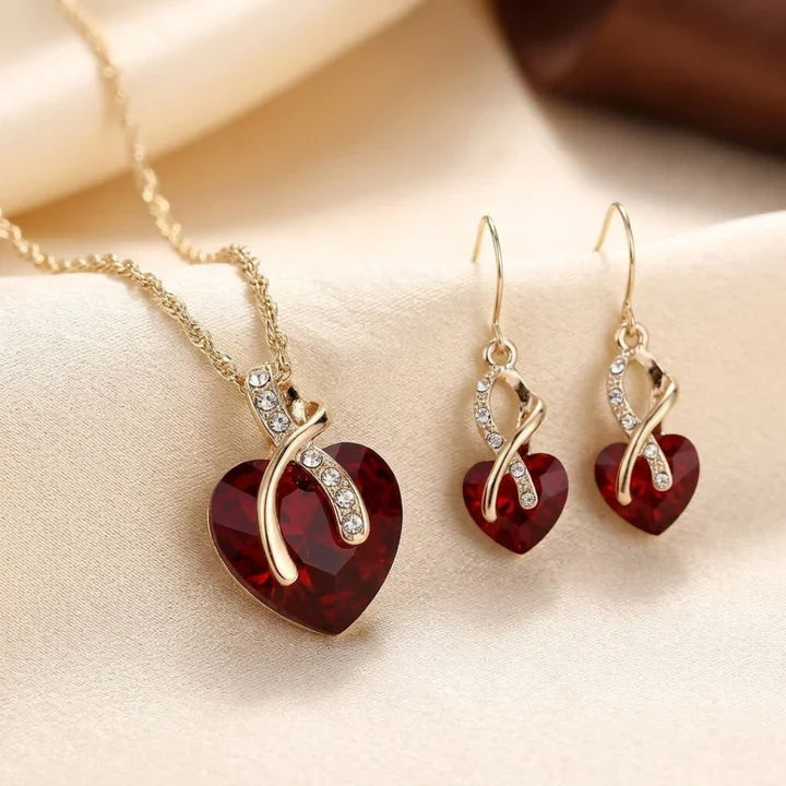 Gold Ruby Twisted Heart Jewellery Set