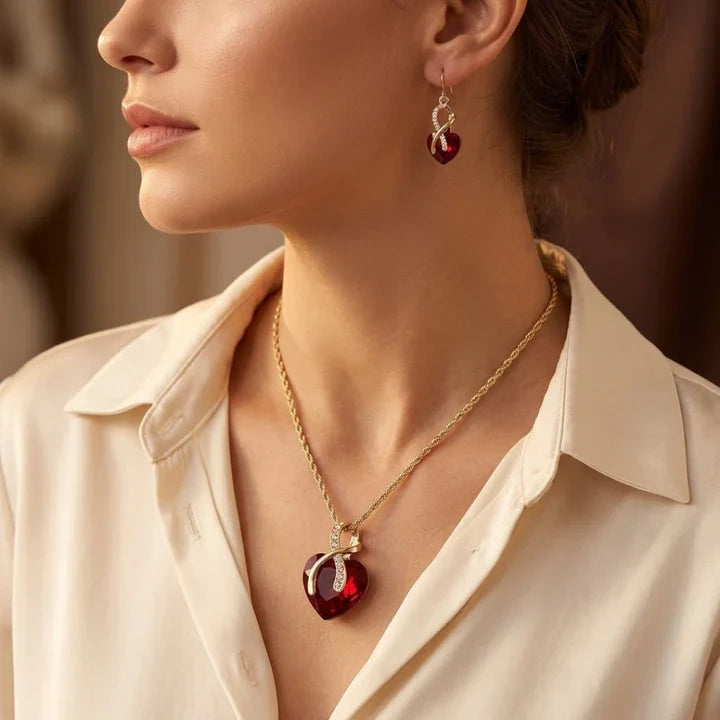 Gold Ruby Twisted Heart Jewellery Set