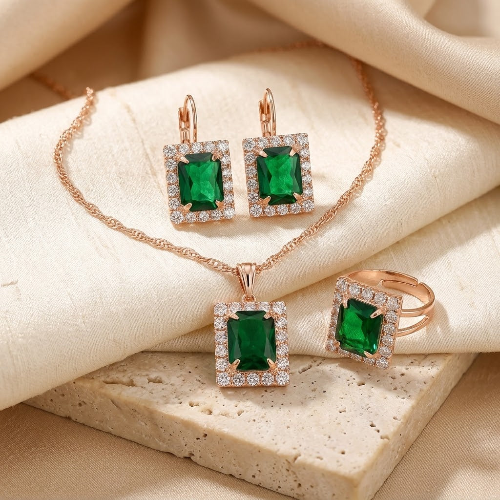 Gold Emerald Rectangular Jewellery Set